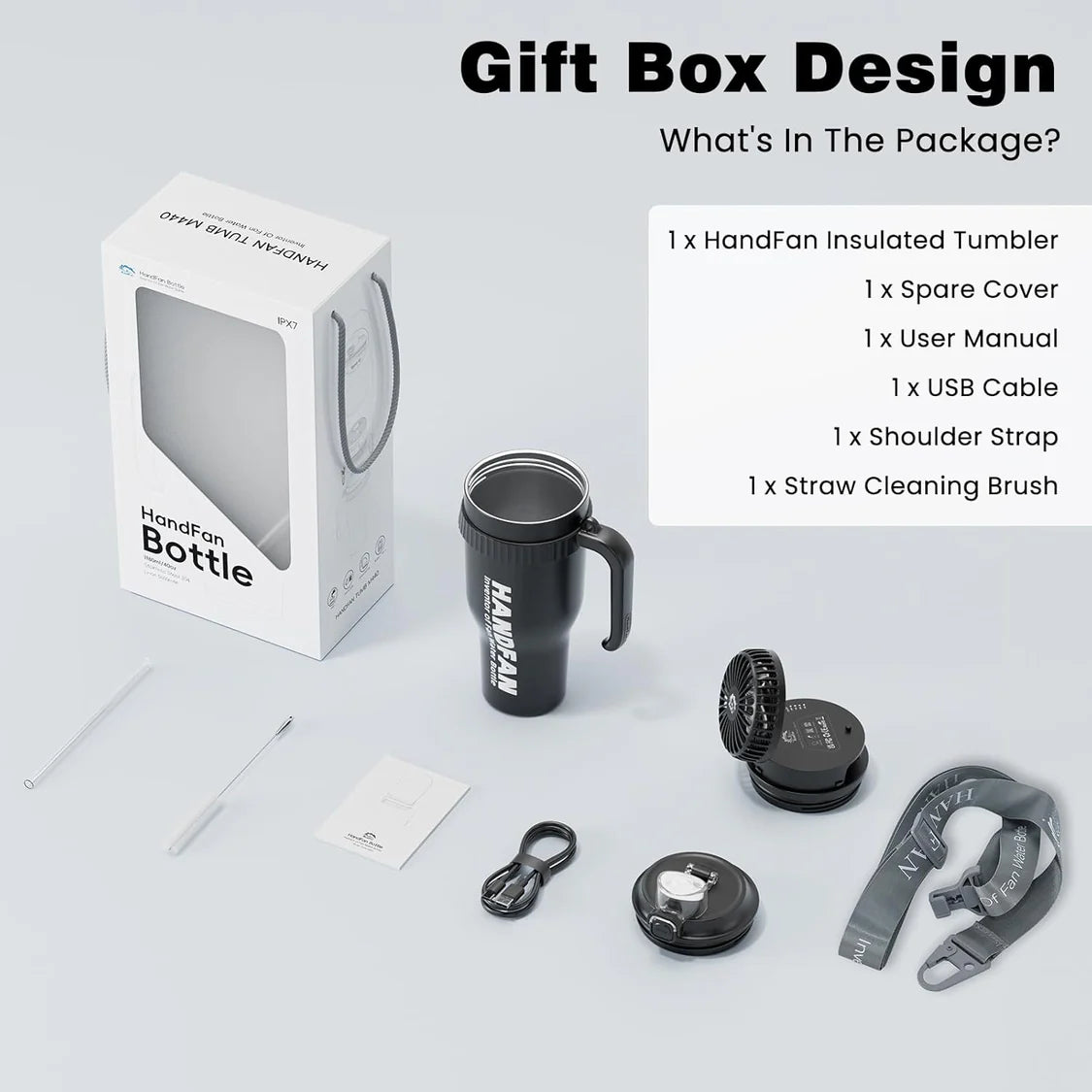 3-in-1 Insulated Sport & Gym Water Bottle with Portable Hand Fan M440 by HandFan