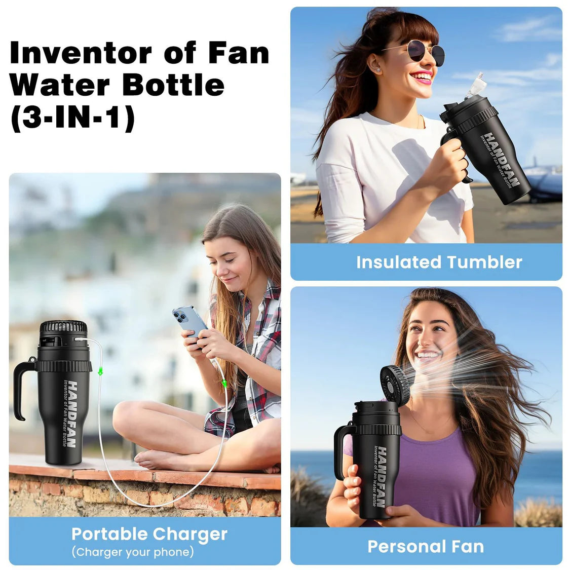 3-in-1 Insulated Sport & Gym Water Bottle with Portable Hand Fan M440 by HandFan