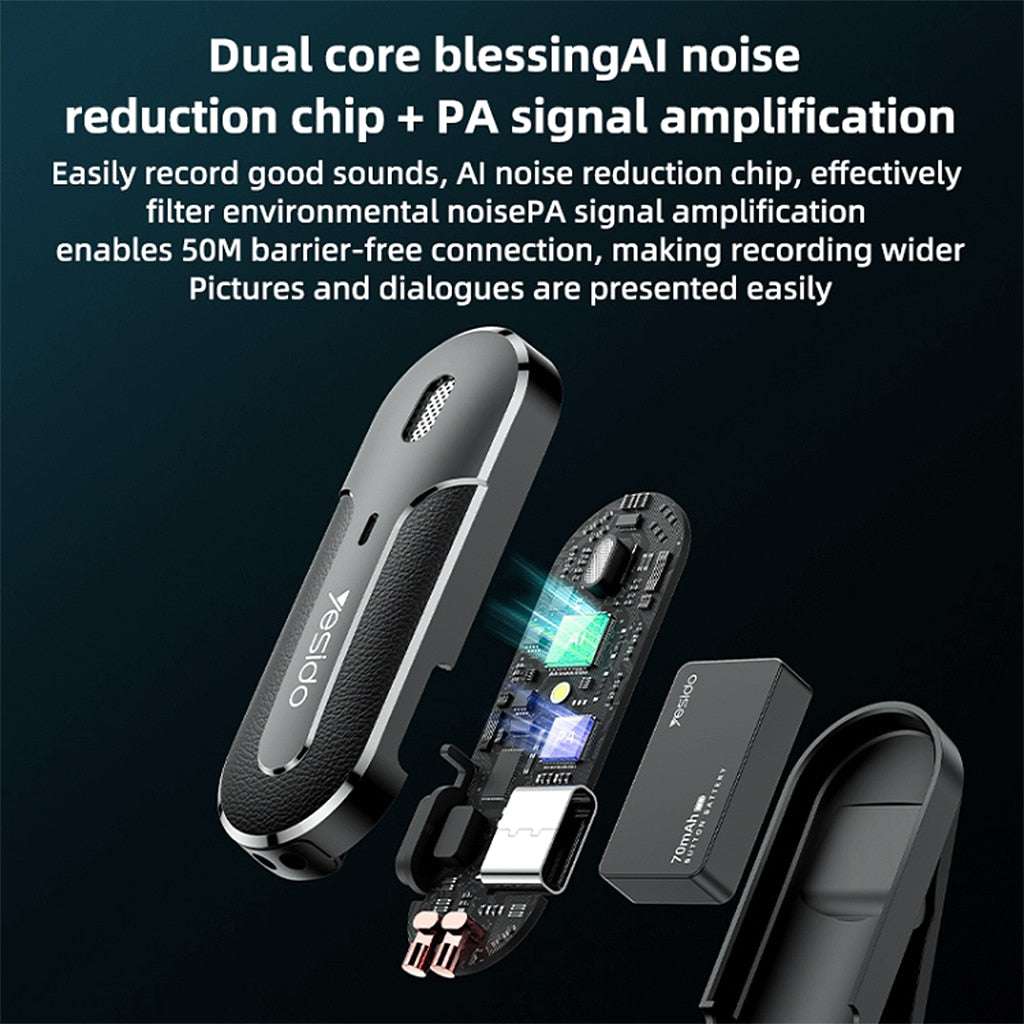 Wireless Lavalier Microphone Kit with Type-C Receiver and Charging Case, Yesido KR17 – Black