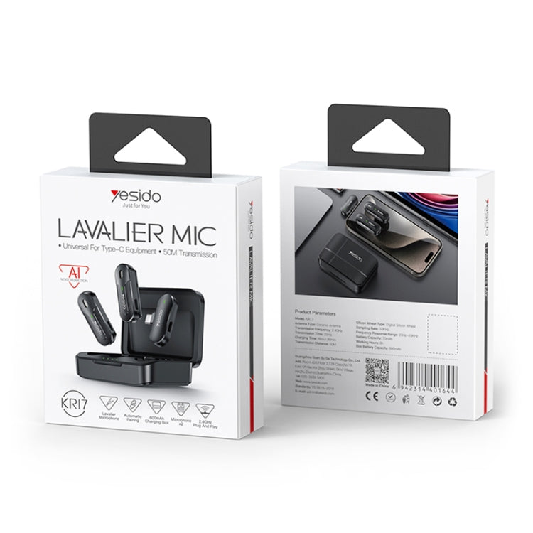 Yesido KR17 Wireless Lavalier Microphone Kit with Type-C Receiver and Charging Case – Black