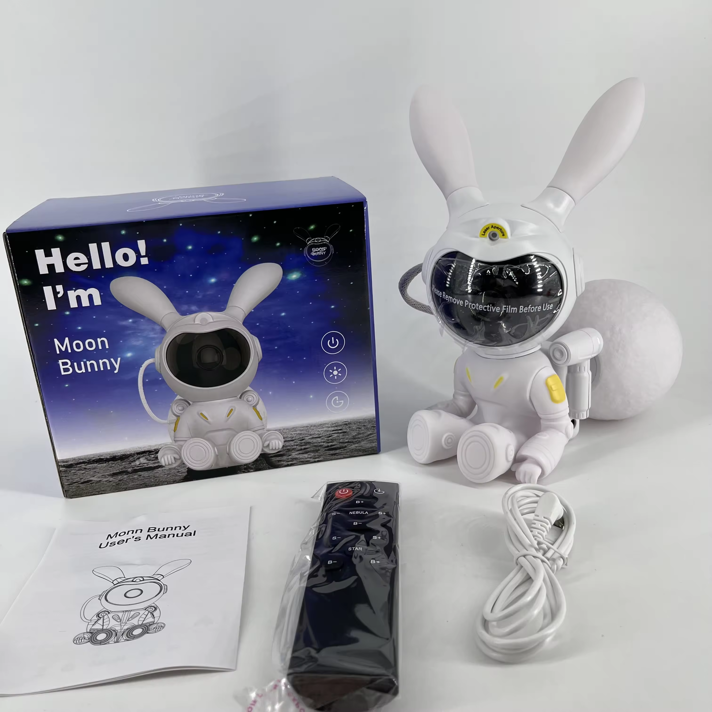 ADAK Remote-Controlled Nebula Rabbit Astronaut Star Projector with Moon Lamp - 7-Color Adjustable Starry Sky and Sitting Moon Lights
