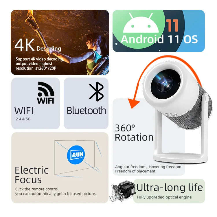 ADAK 4K Portable Projector with High Stand and 360° Adjustable Angle - Android 11 Home Theater Cinema, Bluetooth, WiFi