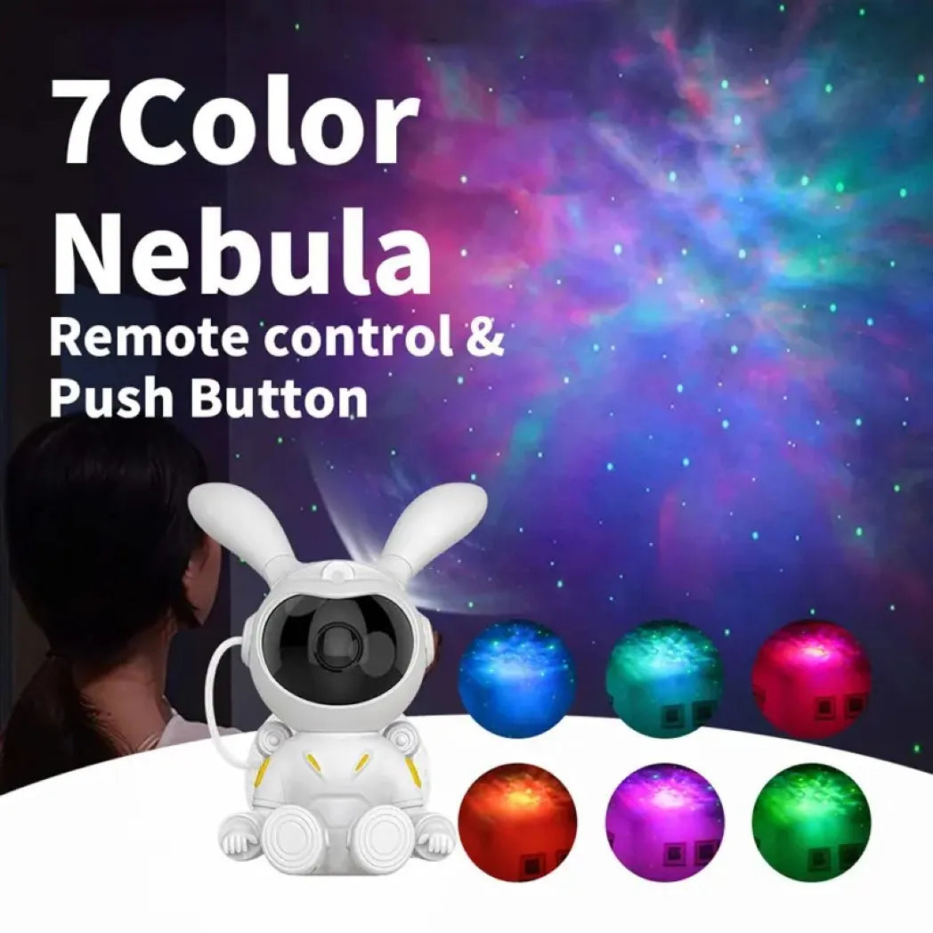 ADAK Remote-Controlled Nebula Rabbit Astronaut Star Projector with Moon Lamp - 7-Color Adjustable Starry Sky and Sitting Moon Lights