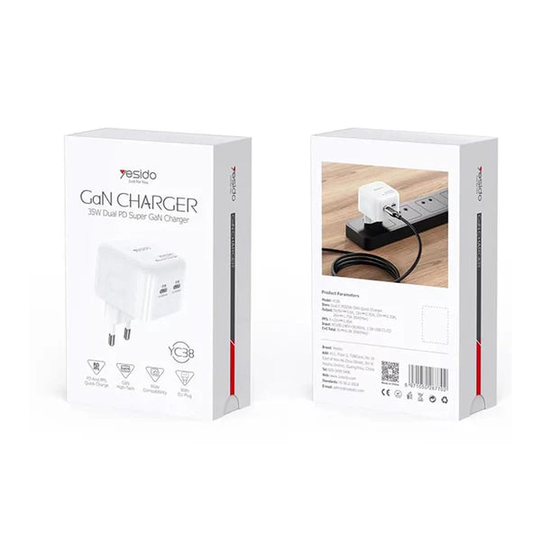 Yesido YC38UK GaN Charger - High Quality Universal Travel Dual PD 35W Fast Charging Wall Plug for Tablet, Notebook, Phone