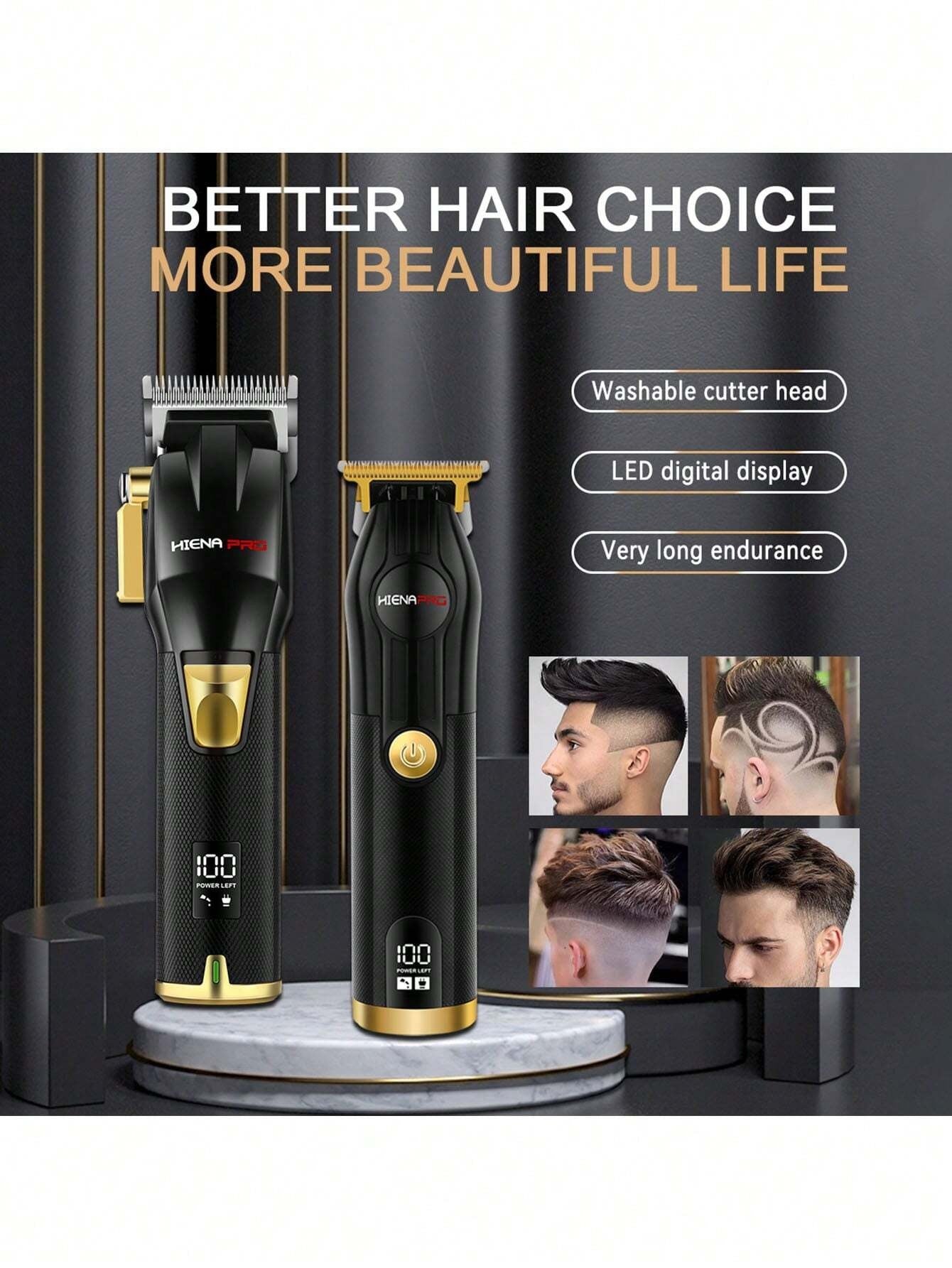 Hiena Pro Men's Hair Clipper Kit, Professional Cordless Charging Hair Clipper Kit for Men with LED Display, Gift for Men (Black and Gold Set)
