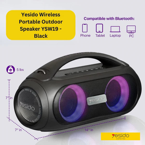 Yesido YSW19 Portable Wireless Bluetooth Speaker - IPX6 Waterproof, High Power, Fidelity Stereo, Up to 6 Hours Music Time (Black)