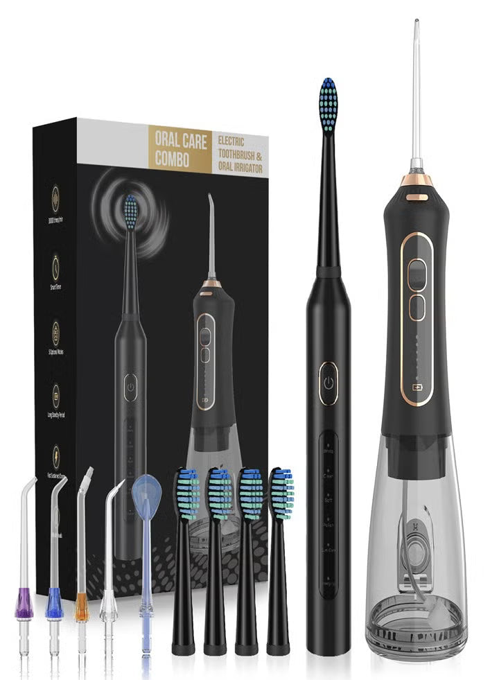 IPX7 Waterproof Portable Electric Toothbrush with 5 Modes and Water Flosser, Oral Care Set - Black