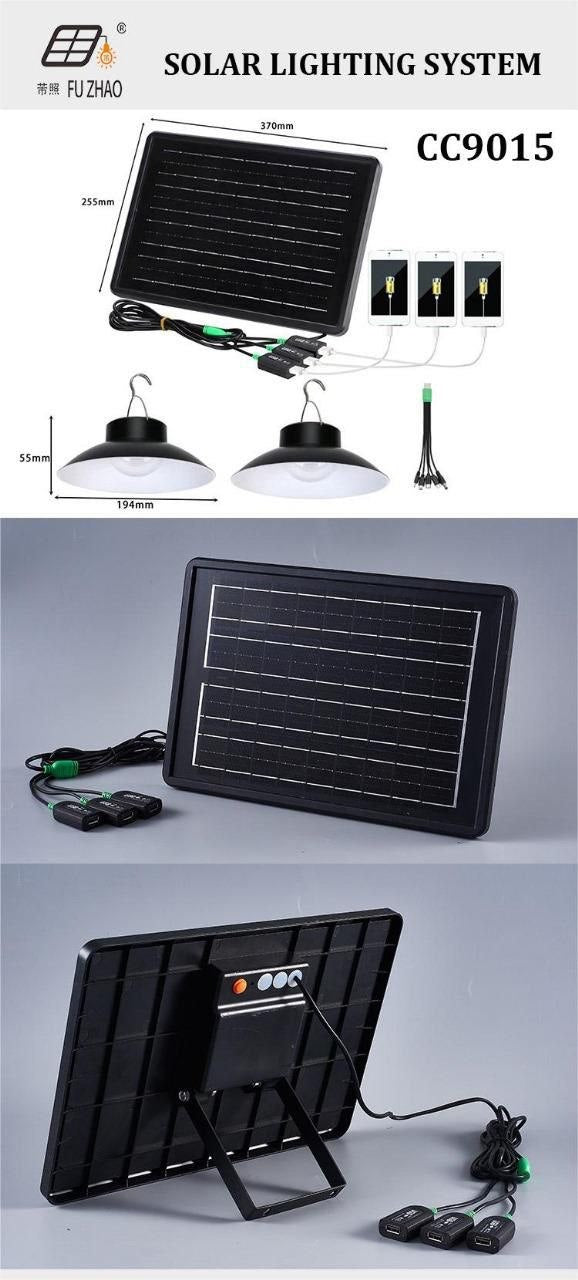 FU ZHAO CC9015 Solar Lighting System & Portable Power Bank | Includes 2 LED Bulbs & 5A High-Speed USB Output