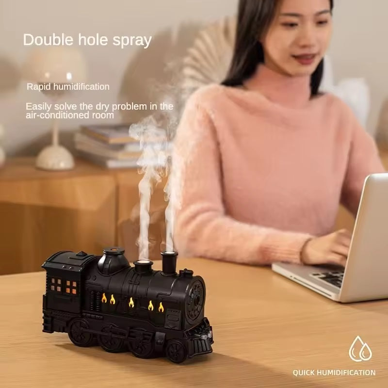 Fire-Styled Train Diffuser, Retro Train Essential Oil Diffuser Humidifier 300ml, Aromatherapy Diffuser Ultrasonic Cool Mist Train Humidifier with Remote Control 2 Light 2 Mist Mode Auto Shut-Off For Office