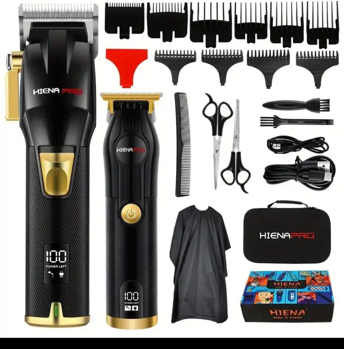 Hiena Pro Men's Hair Clipper Kit, Professional Cordless Charging Hair Clipper Kit for Men with LED Display, Gift for Men (Black and Gold Set)