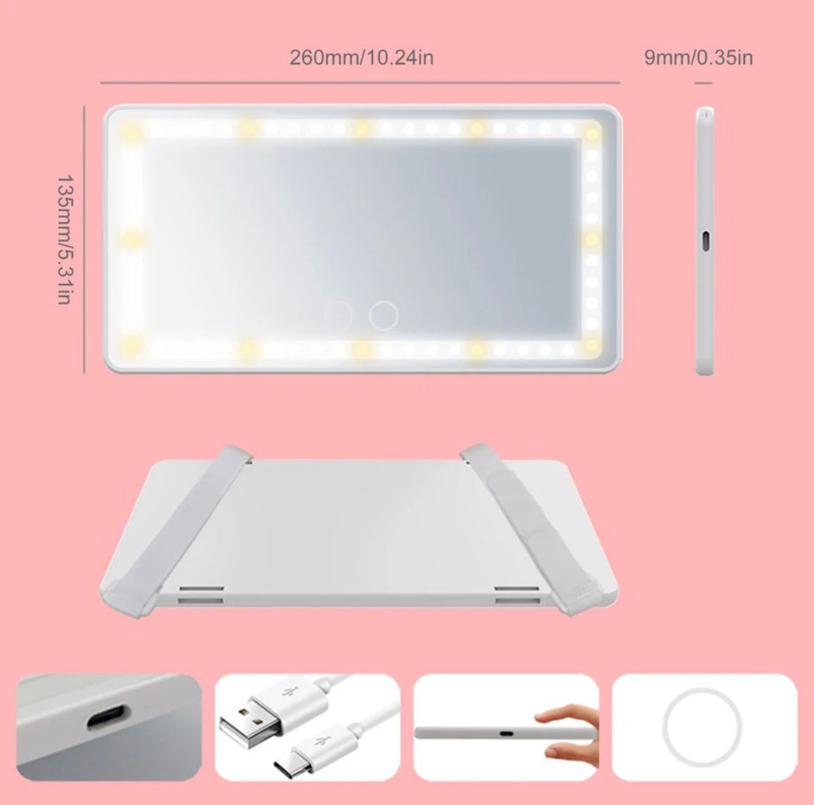 Car Vanity Mirror with LED Light — Rechargeable Auto Makeup Mirror for On-the-Go Touch-Ups