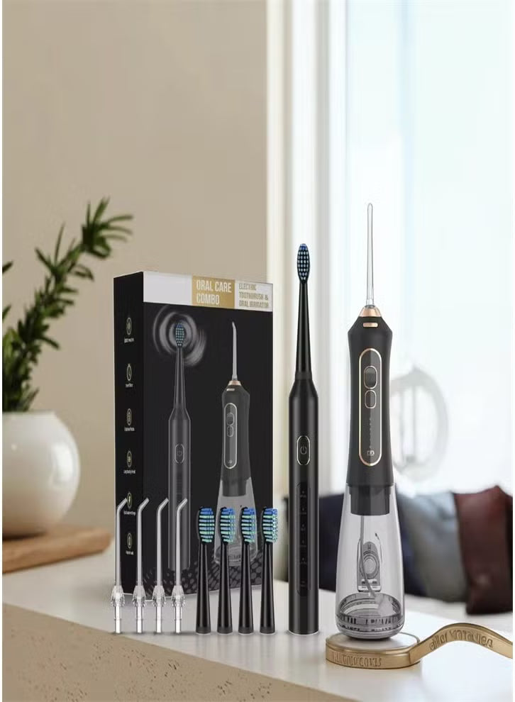 IPX7 Waterproof Portable Electric Toothbrush with 5 Modes and Water Flosser, Oral Care Set - Black