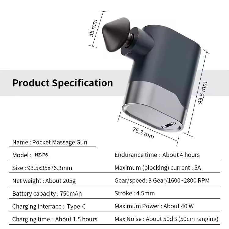 Smart P5 Pocket Mini Massage Gun - Portable Percussion Muscle Massager with 4 Interchangeable Heads & 3 Speed Levels
