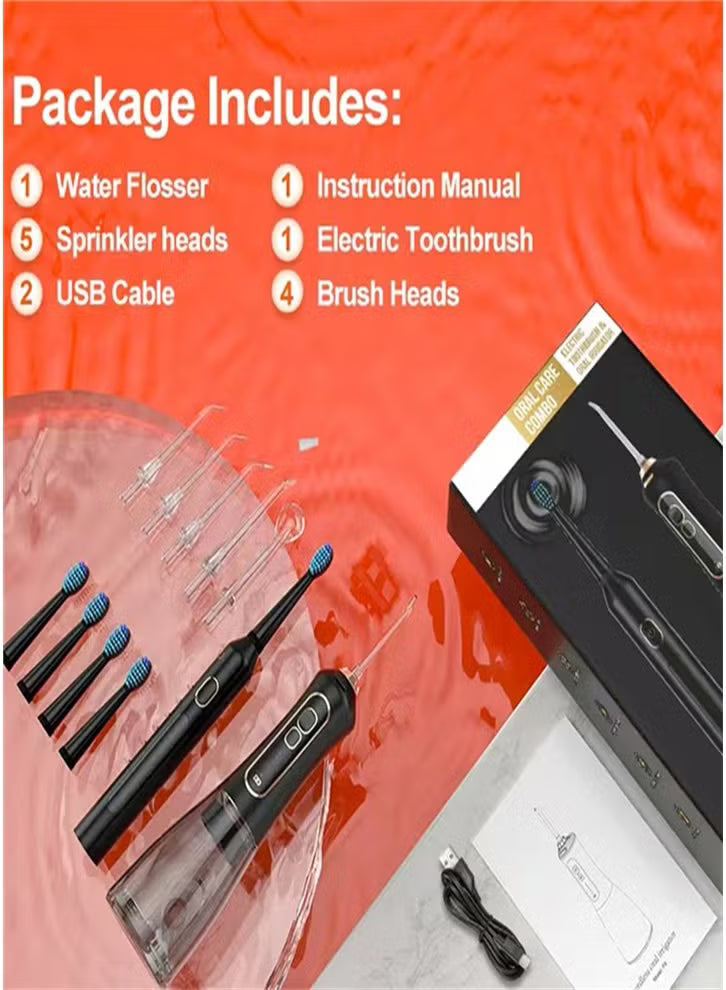 IPX7 Waterproof Portable Electric Toothbrush with 5 Modes and Water Flosser, Oral Care Set - Black