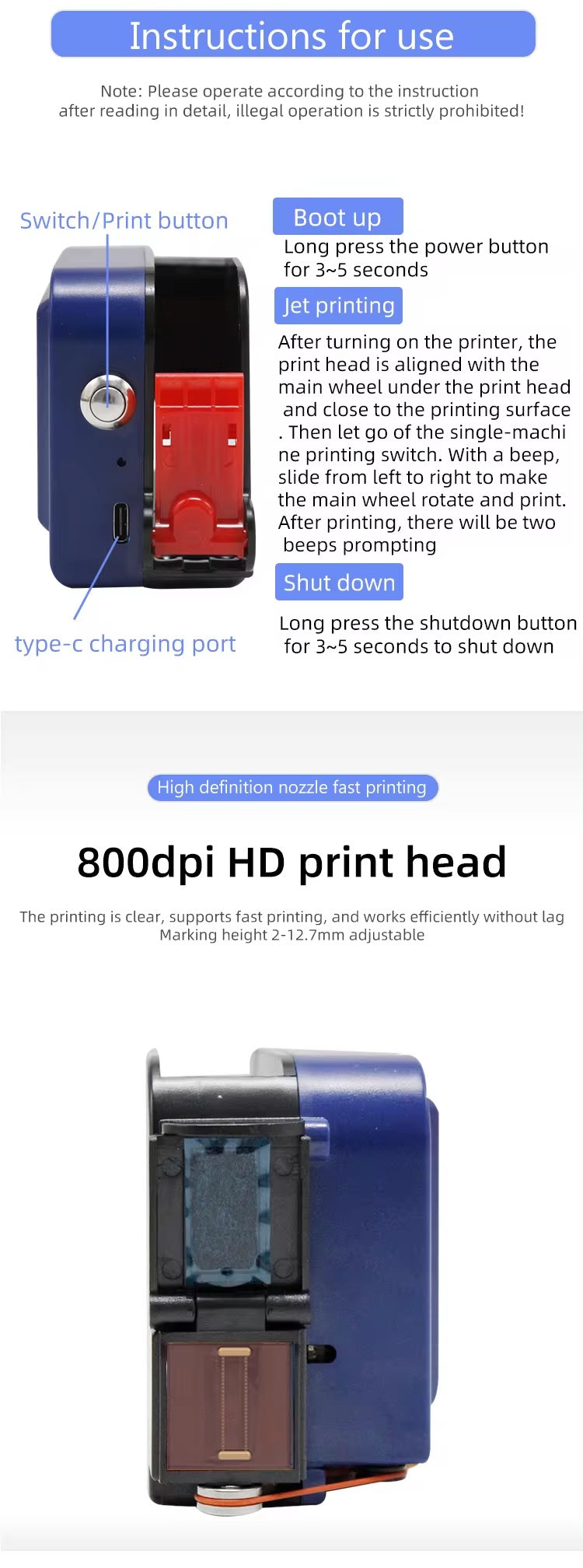 ADAK CP12 Mini Handheld Inkjet Printer - Portable 12.7mm Batch Coding Machine | 600dpi High Resolution | USB Interface | Commercial Goods Printing