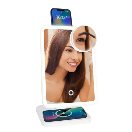 Wireless Express Glam Studio Vanity Mirror with Bluetooth Speaker and Phone Holder - White, LED Lighting, Hands-Free Calling, Wireless Charging