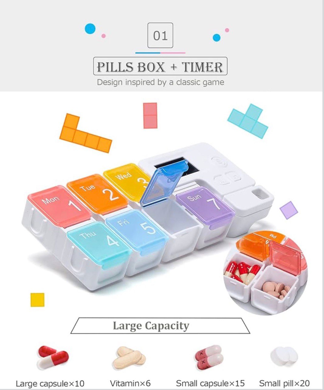 Digital Rainbow Pill Organizer with Alarm Timer; Never Miss a Dose! Smart 7-Day Medication Reminder for Seniors, Athletes, and Travel.