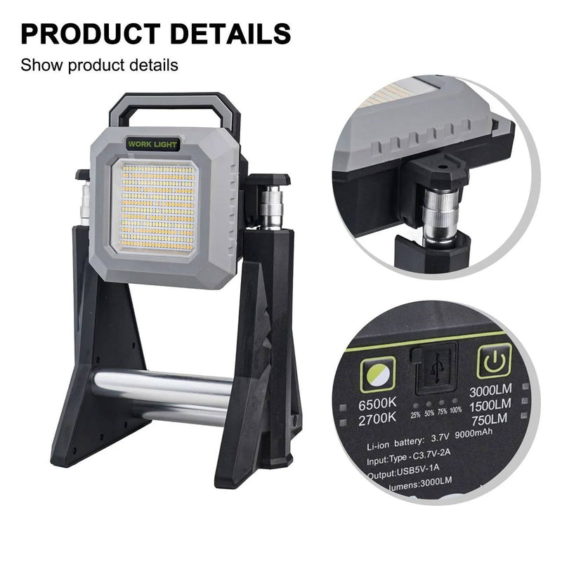 Professional Foldable Work Light (LED Projector) | Multifunctional, with Power Bank Function and Adjustable Color Temperature | Rechargeable, 3000 Lumens, and Telescopic Base