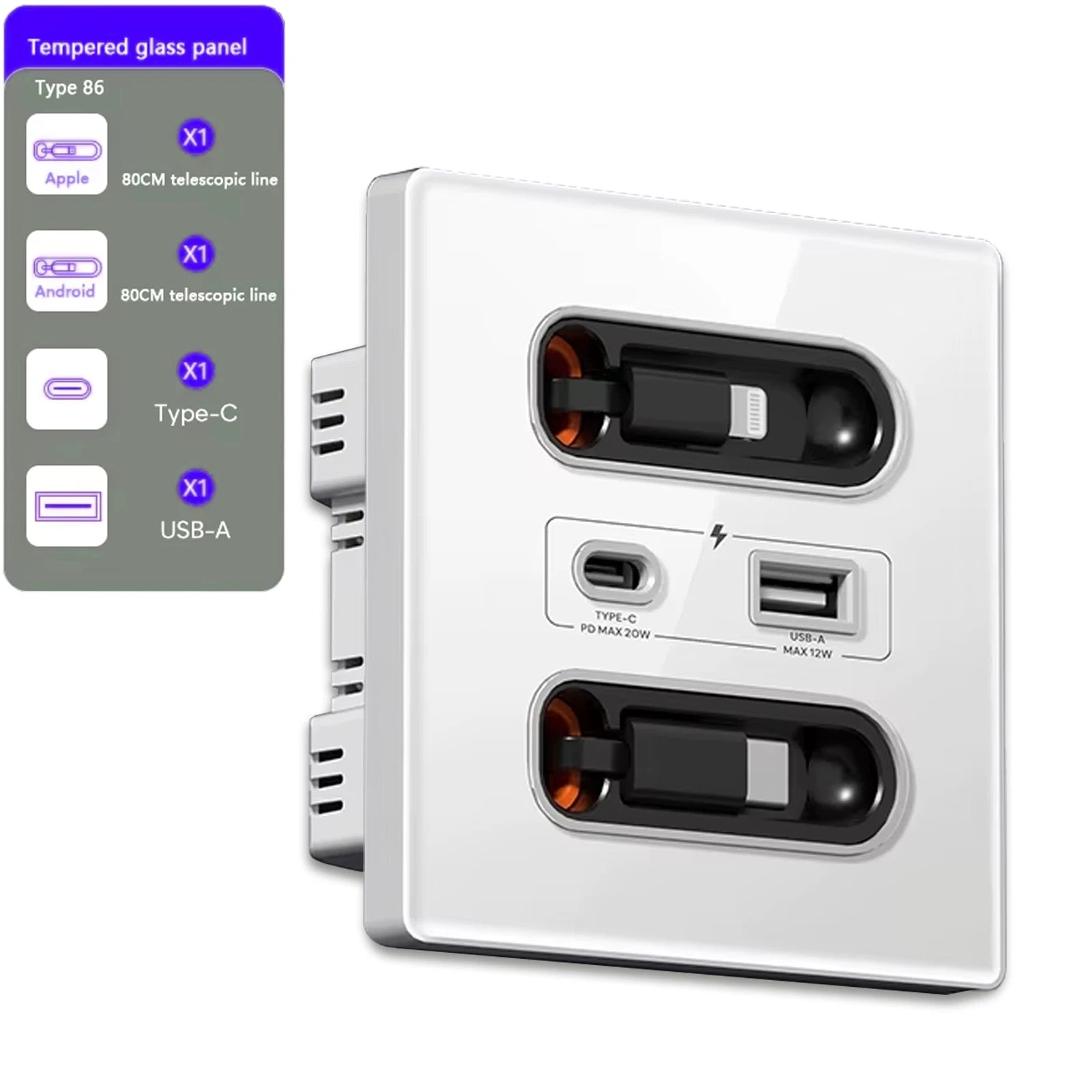 12W Universal Wall Panel Socket with USB-A USB-C Retractable Charging Cable , Mobile Phone Tablet Charging Type C Outlet