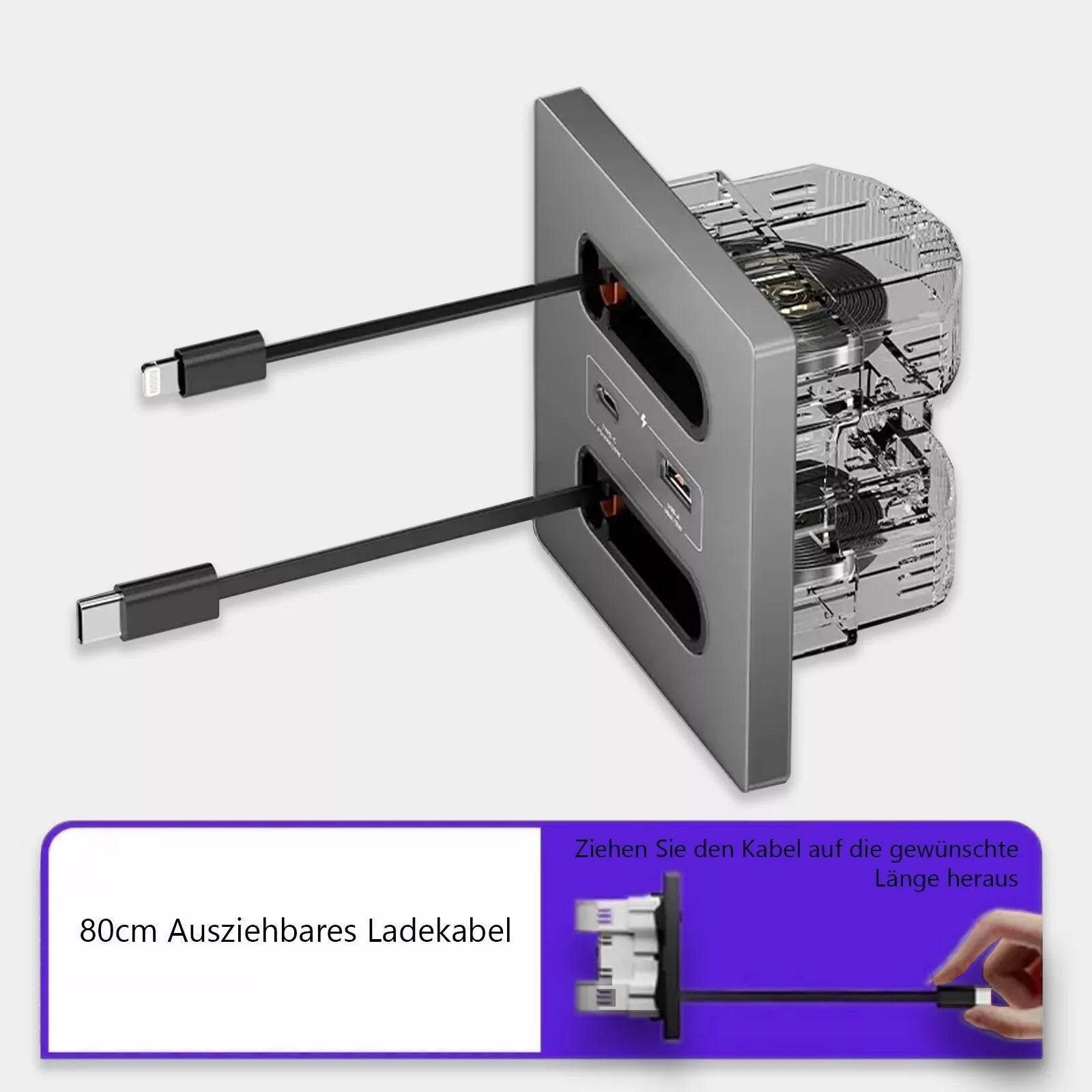 12W Universal Wall Panel Socket with USB-A USB-C Retractable Charging Cable , Mobile Phone Tablet Charging Type C Outlet