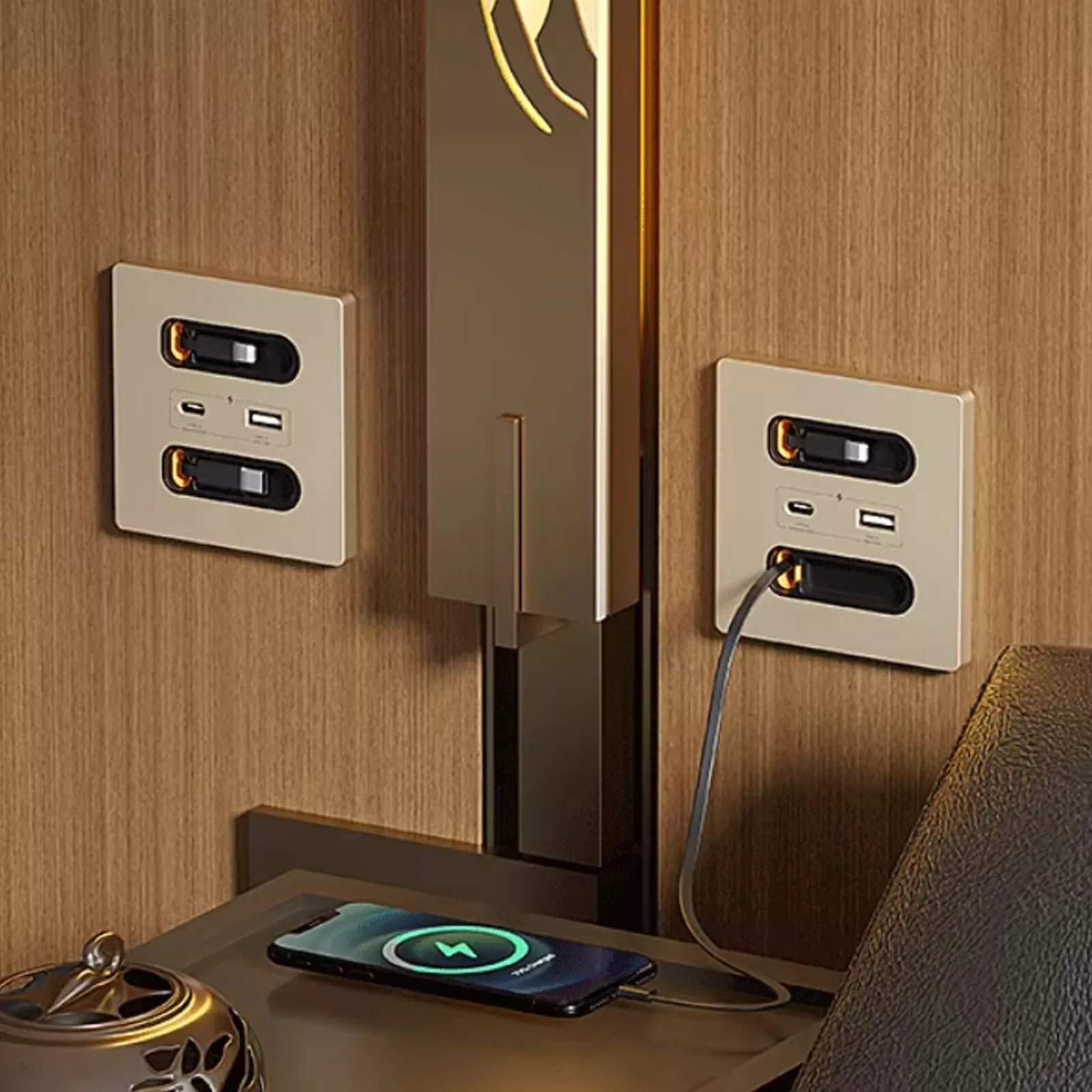 12W Universal Wall Panel Socket with USB-A USB-C Retractable Charging Cable , Mobile Phone Tablet Charging Type C Outlet