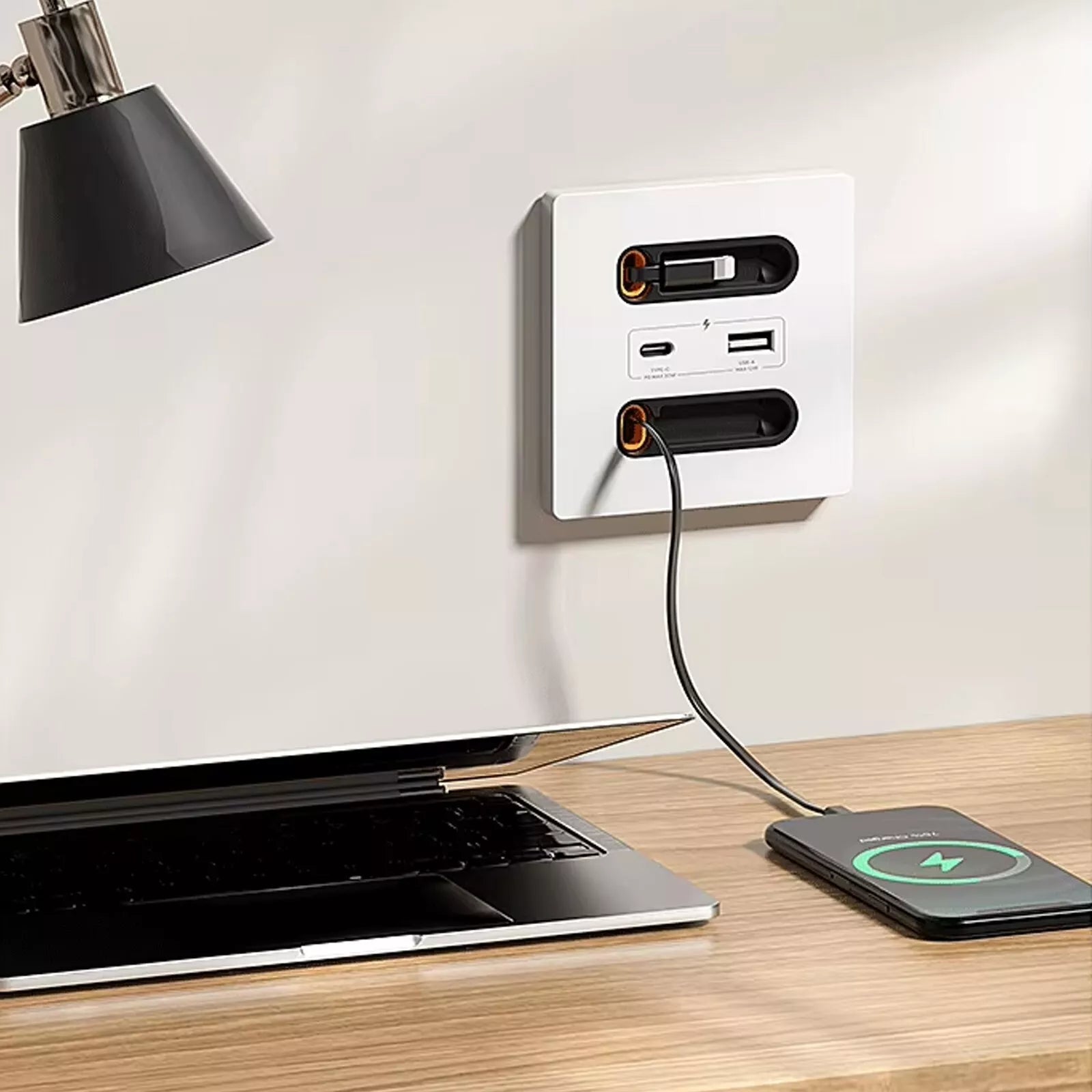 12W Universal Wall Panel Socket with USB-A USB-C Retractable Charging Cable , Mobile Phone Tablet Charging Type C Outlet