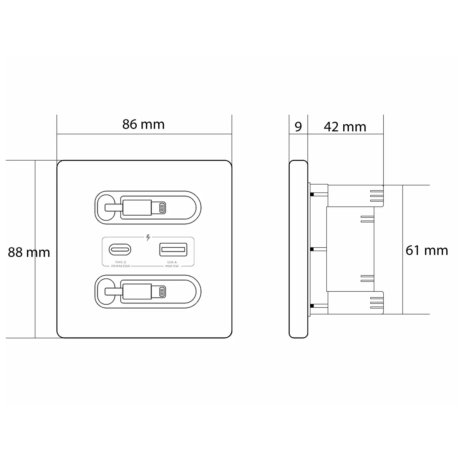12W Universal Wall Panel Socket with USB-A USB-C Retractable Charging Cable , Mobile Phone Tablet Charging Type C Outlet