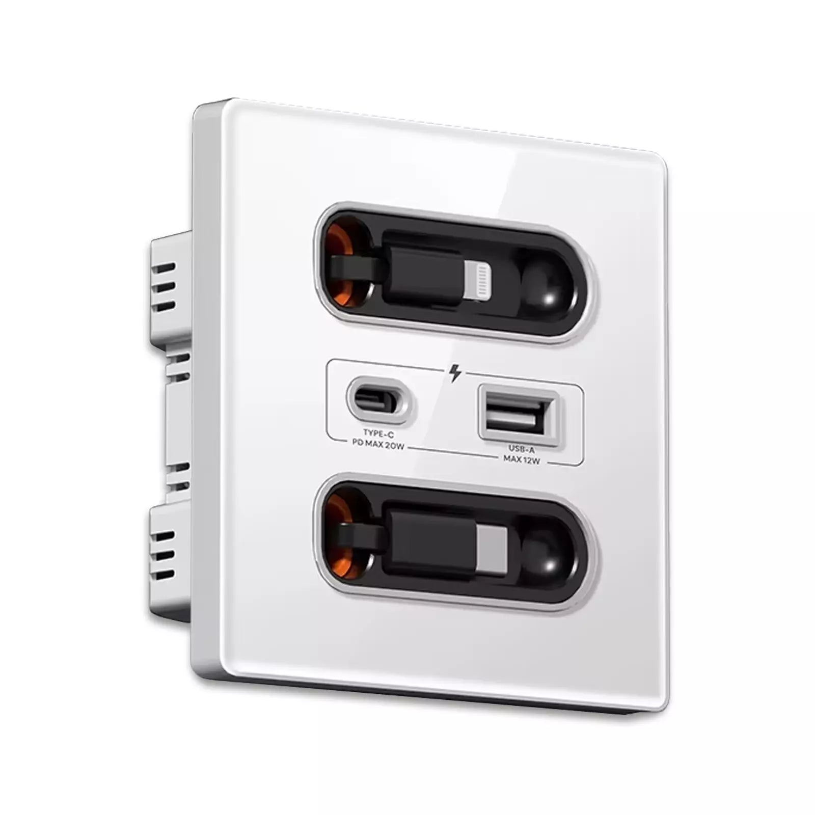 12W Universal Wall Panel Socket with USB-A USB-C Retractable Charging Cable , Mobile Phone Tablet Charging Type C Outlet