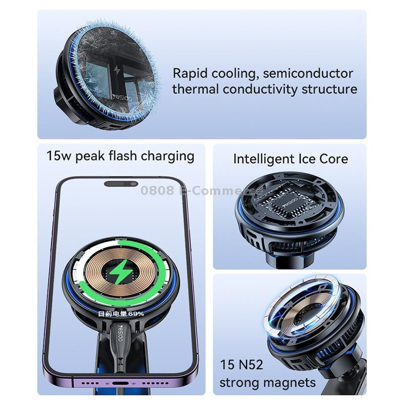 Semiconductor Cooling 15W Magnetic Wireless Charging Car Holder | Dual Ambient Lighting, Vacuum Nano Suction Cup, Flexible Aluminum Bracket (Black)