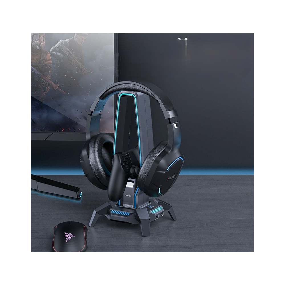 Yesido HB25 3-in-1 Headset Stand with RGB Lights, USB Hub, and Audio Adapter