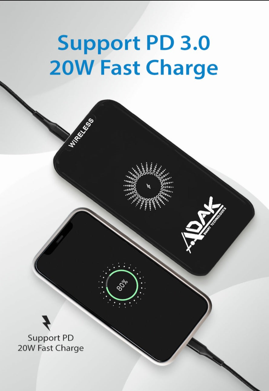 ADAK™ 10000mAh Wireless Power Bank - Stay Charged On-The-Go with Wireless Charging Convenience